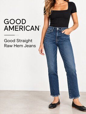 Good American Women's Good Straight Raw Hem Jeans